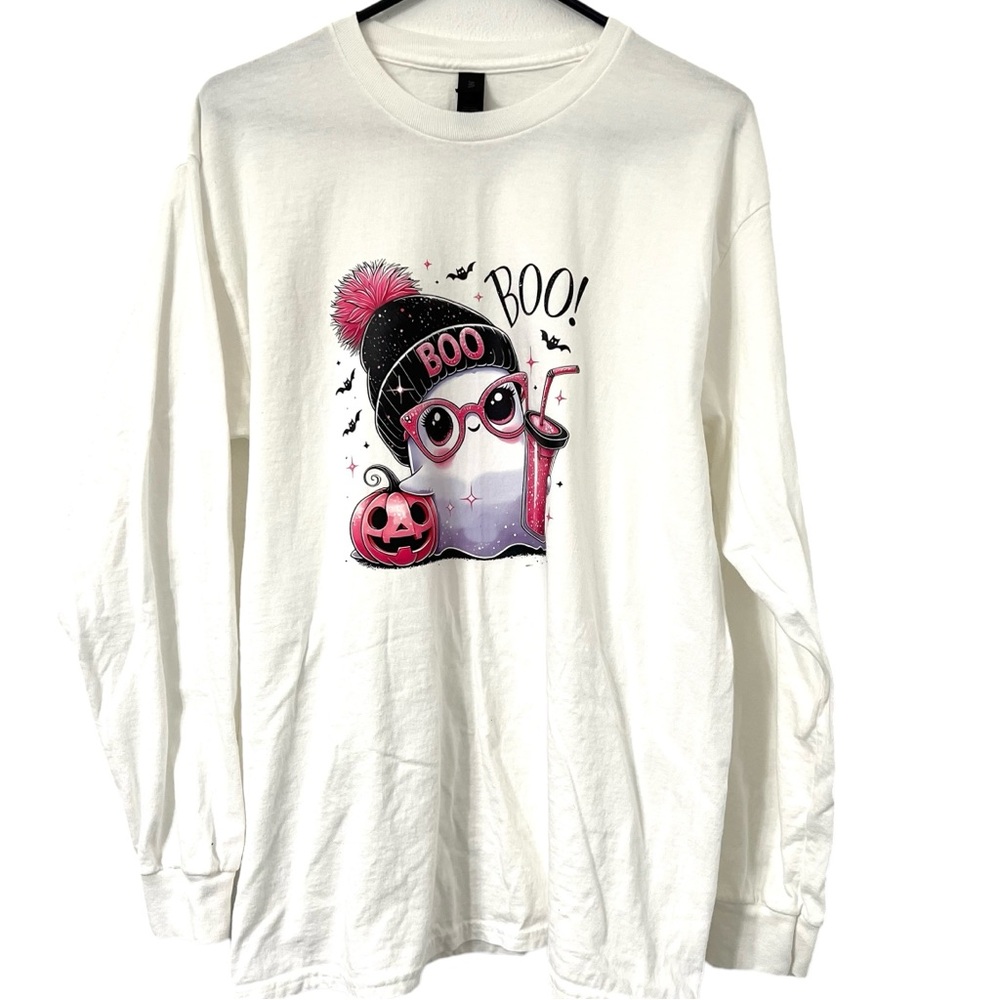 Boo Ghost Halloween Long Sleeve T-Shirt | Cute Pink Spooky Graphic Tee - Picture 2 of 5